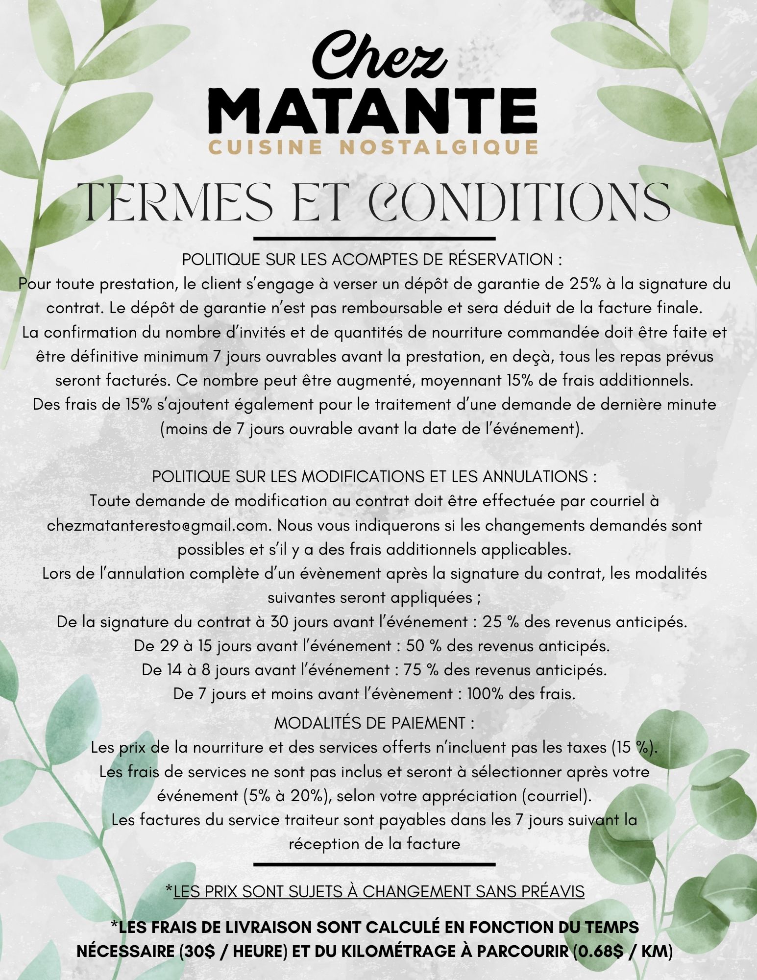 termes & conditions service traiteur Chez Matante